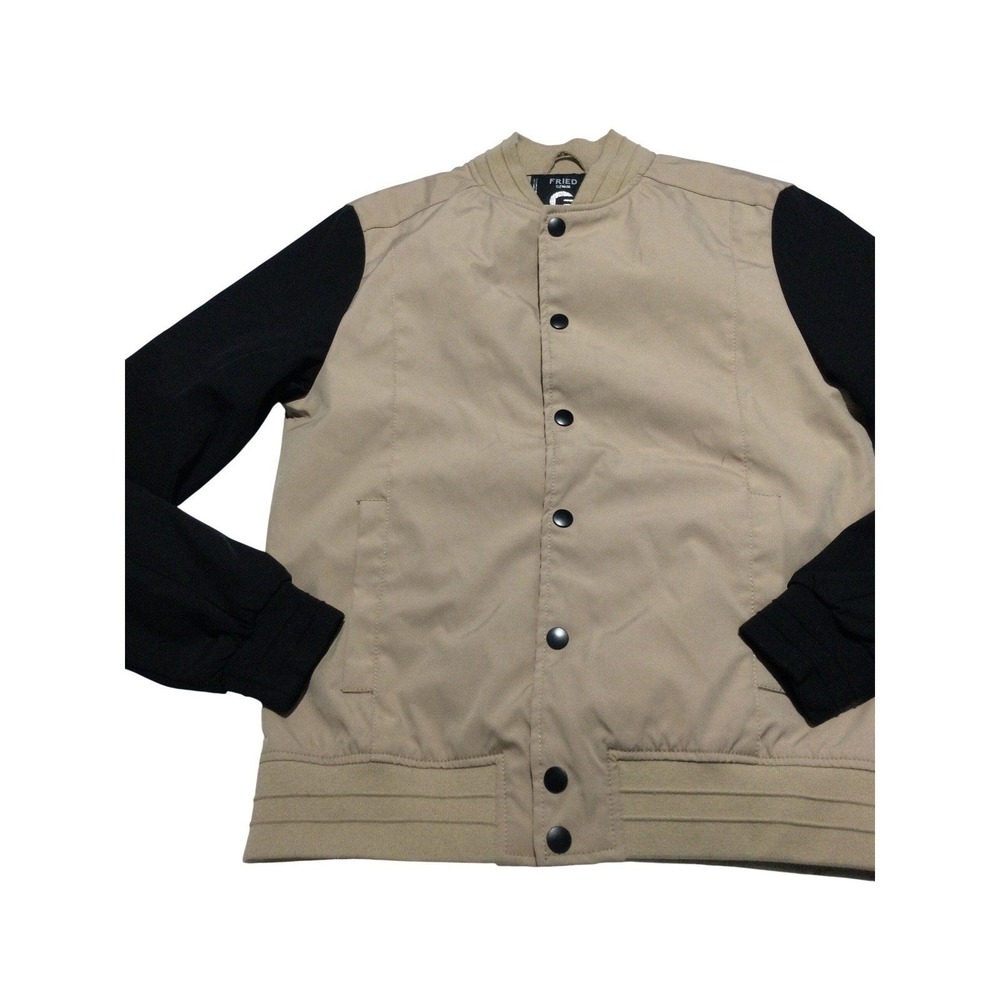 Fried Denim NYC Mens Small Tan Black Colorblock Varsity Bomber Jacket Snap Front - Picture 2 of 8